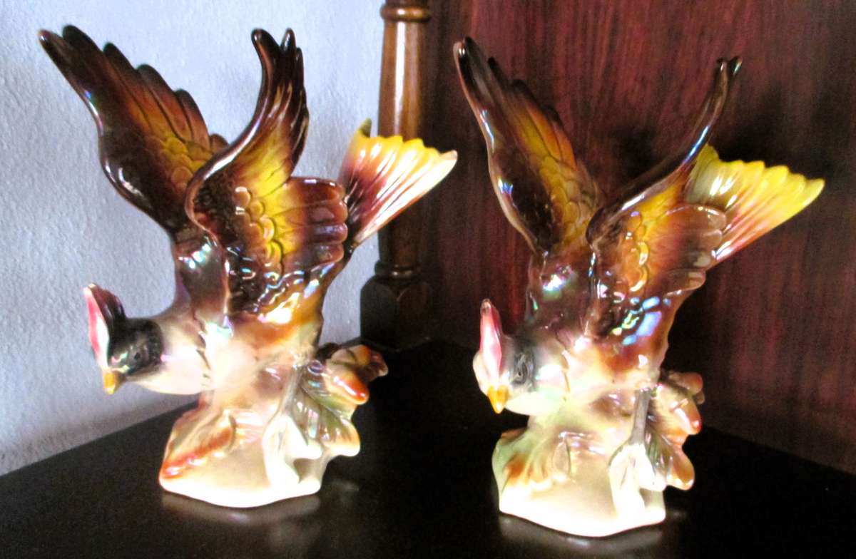 Lot of 2 Vintage 1950s Jema Holland Lustre Pheasant Birds. One repaired. 220mm high. Very collectabl