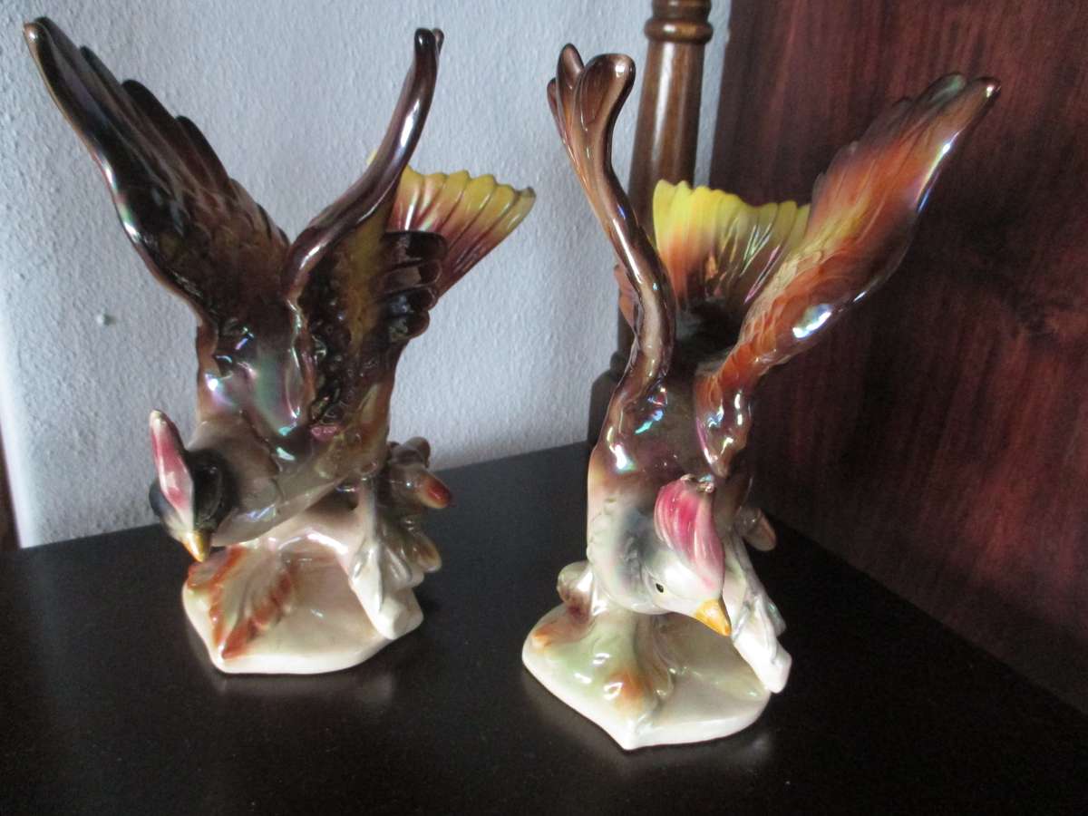 Lot of 2 Vintage 1950s Jema Holland Lustre Pheasant Birds. One repaired. 220mm high. Very collectabl