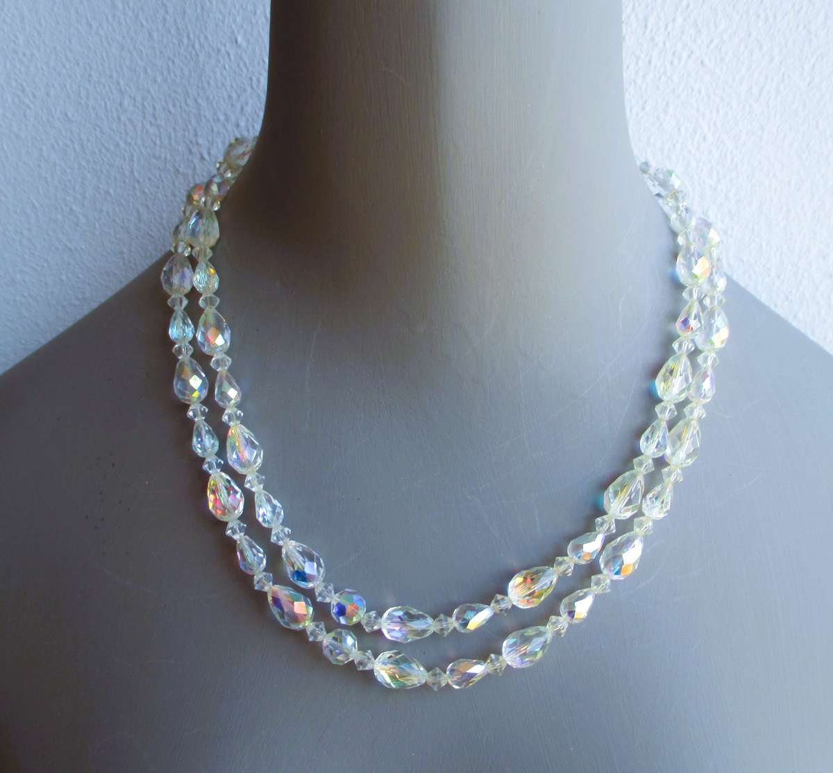 Vintage Aurora Borealis Double Strand Crystal Necklace. 40cm