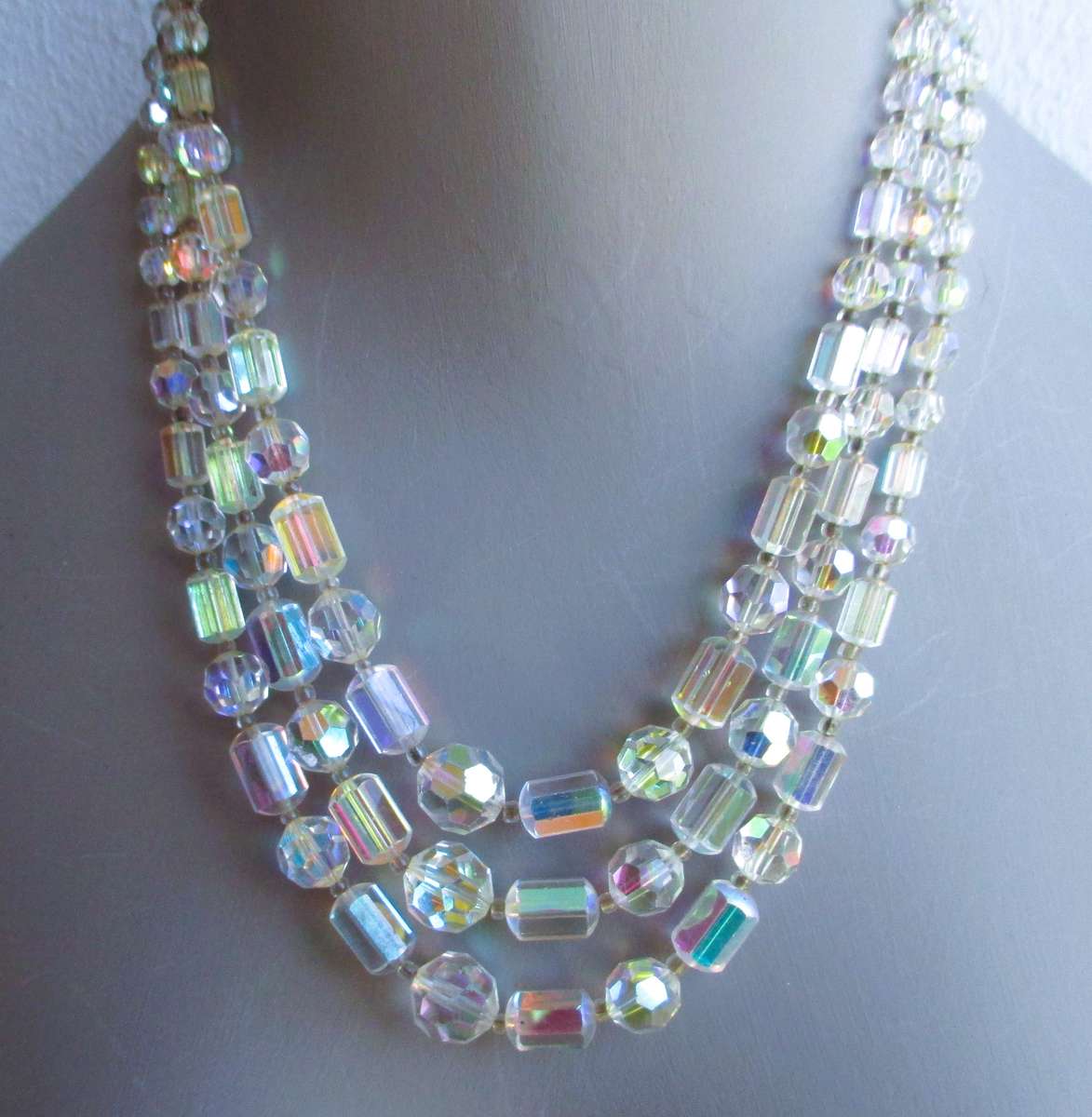 Vintage Aurora Borealis Glass Bead Necklace Three Strands. 40cm