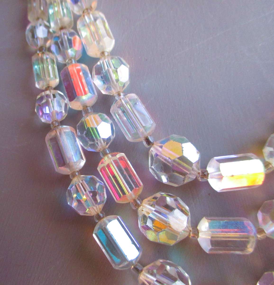 Vintage Aurora Borealis Glass Bead Necklace Three Strands. 40cm