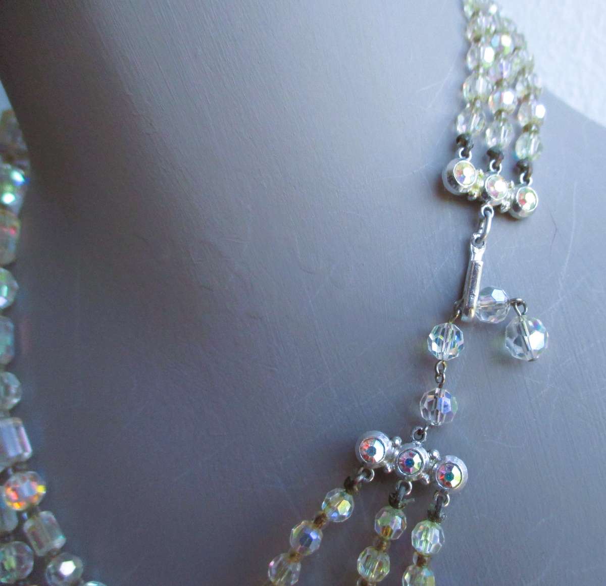 Vintage Aurora Borealis Glass Bead Necklace Three Strands. 40cm