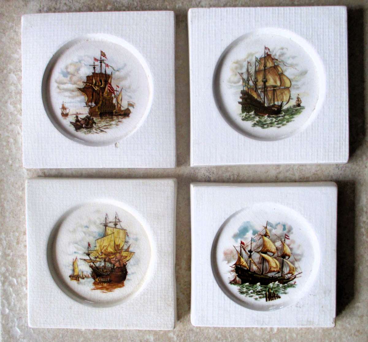 Set of 4 Small Decor Wall Frames, Ceramic with War Ships painted. 130x130mm As per photo.