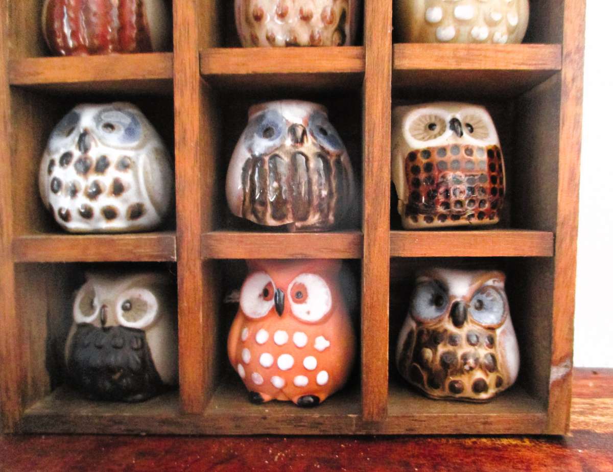 Vintage 12 Miniature Pottery Owls in Display Cabinet Wall Art