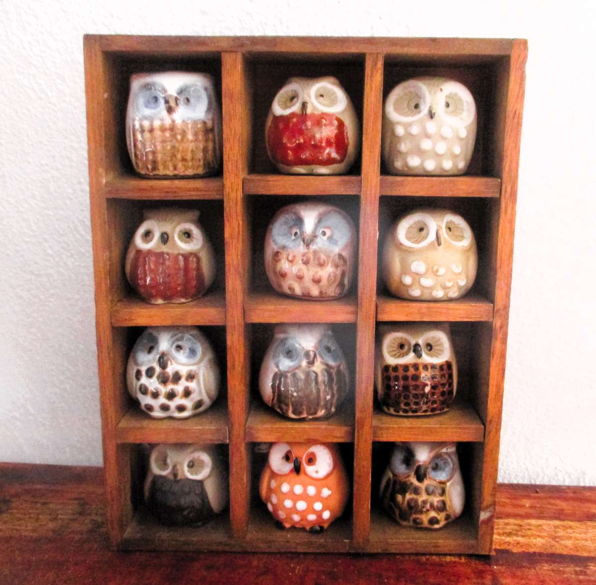 Vintage 12 Miniature Pottery Owls in Display Cabinet Wall Art
