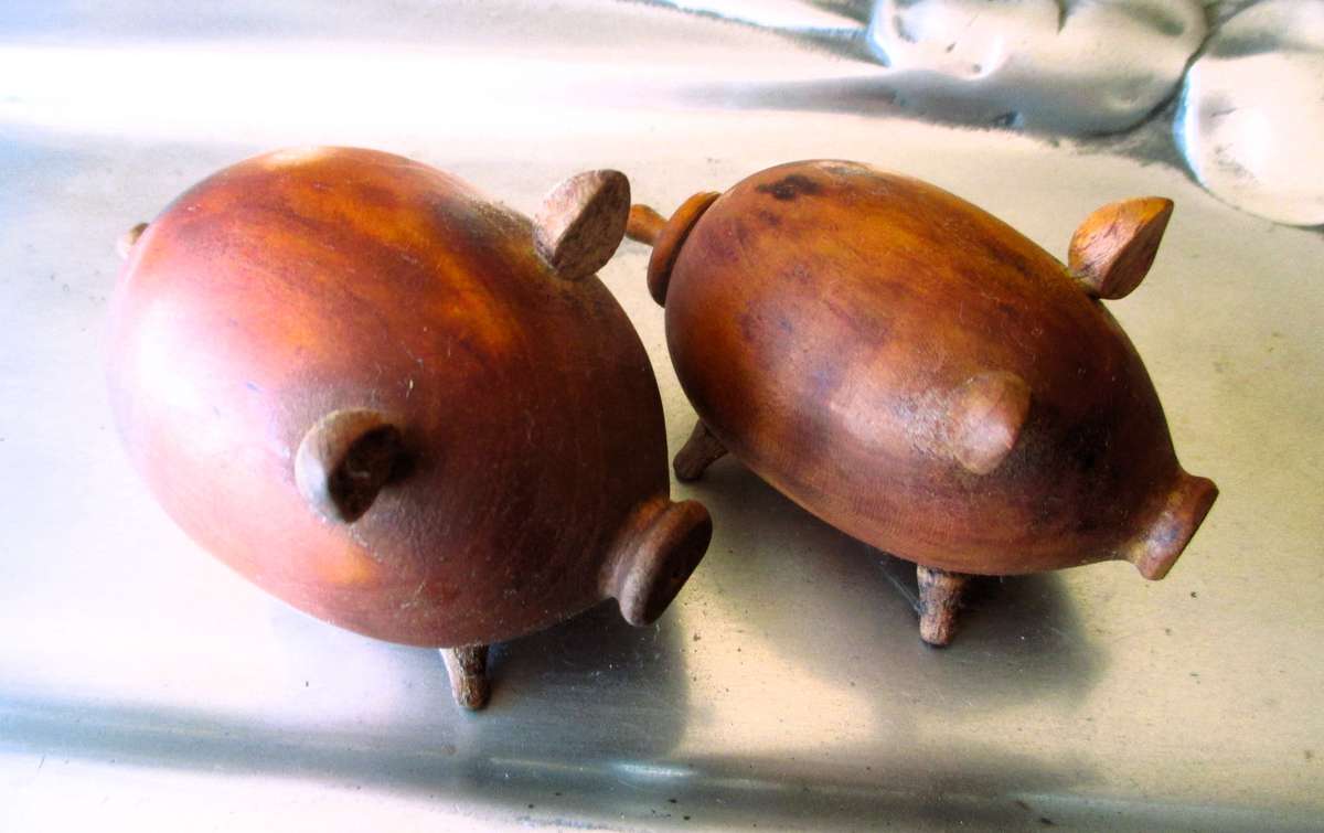 Two Salt & Paper Shaker Pigs Wood Danish Design, 1960s