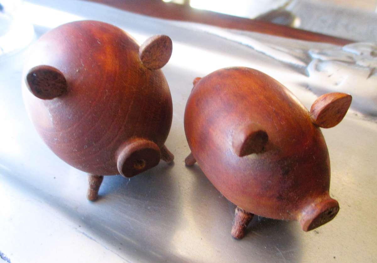 Two Salt & Paper Shaker Pigs Wood Danish Design, 1960s