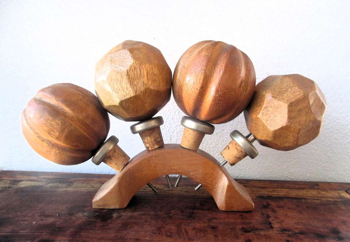 Midcentury Wooden schnapps liqueur pourer cork set, 1960s