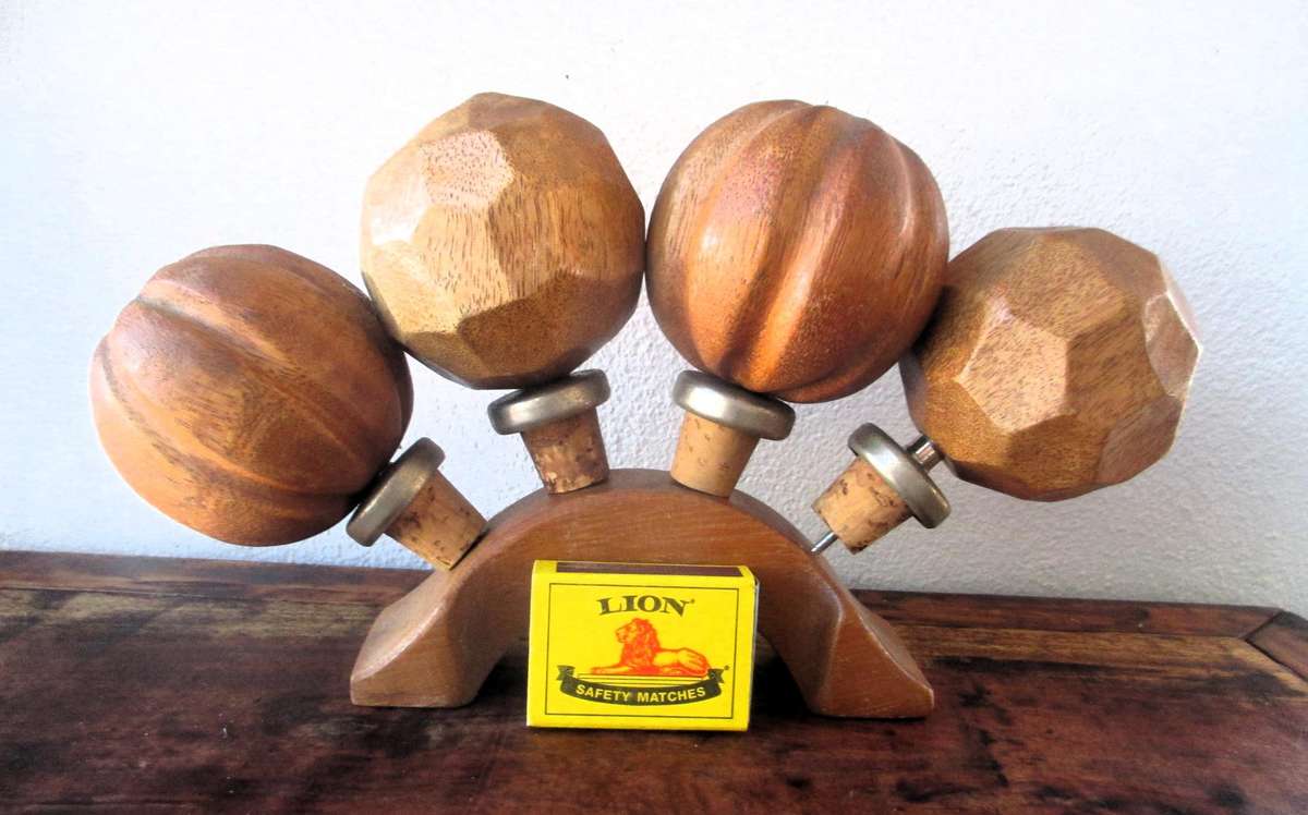 Midcentury Wooden schnapps liqueur pourer cork set, 1960s