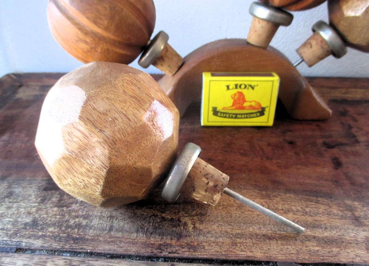 Midcentury Wooden schnapps liqueur pourer cork set, 1960s