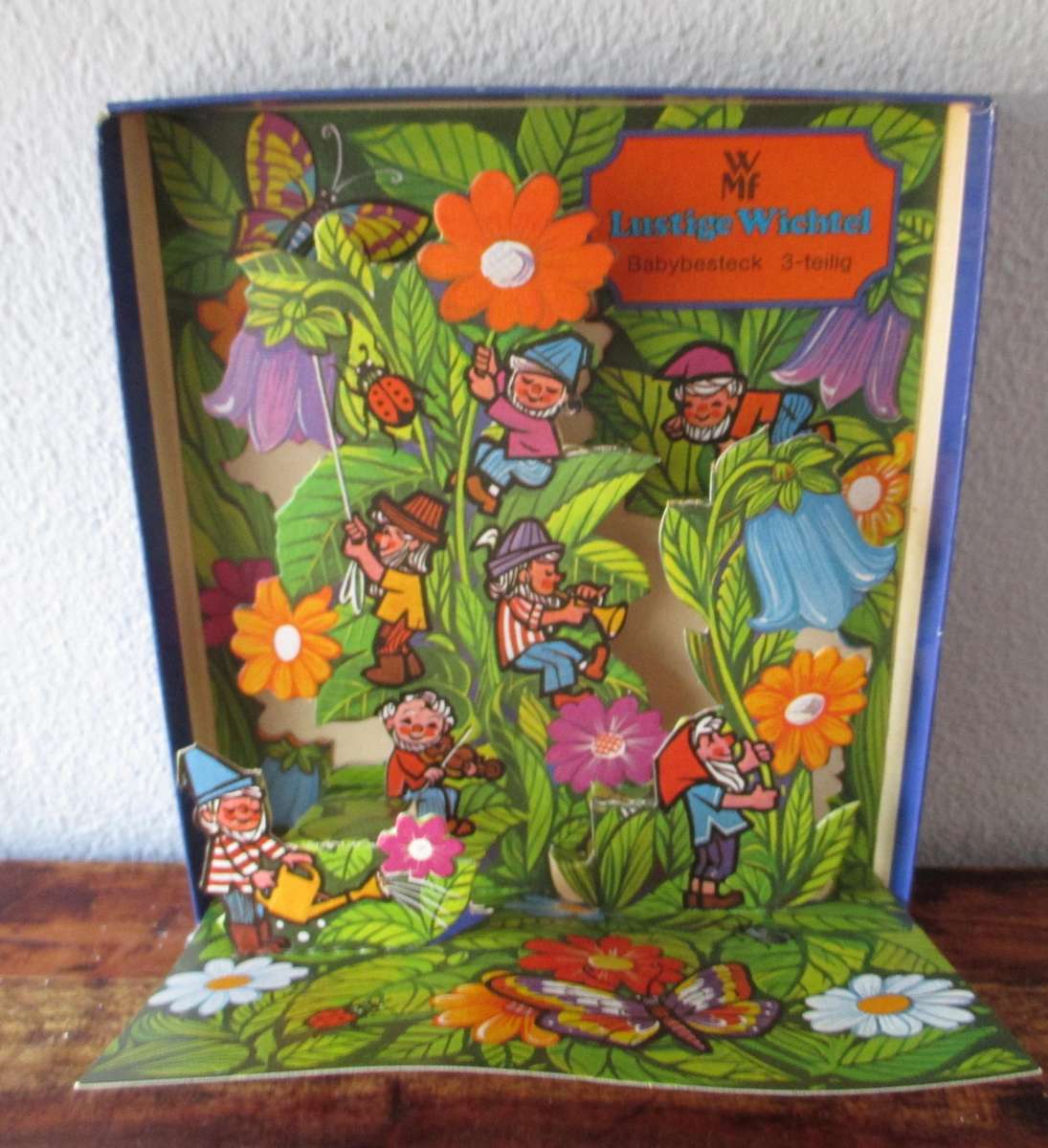 Vintage WMF children's cutlery set, Lustige Wichtel, knife, fork, spoon, Gnome design, boxed