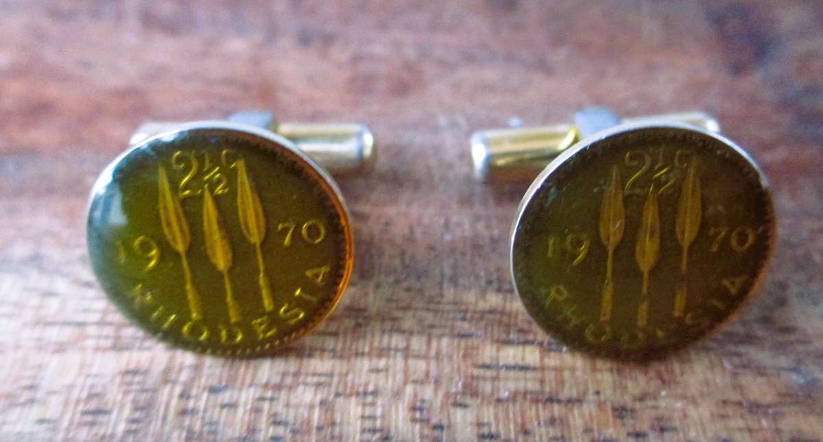 Vintage gold color enameled Rhodesia coin cufflinks