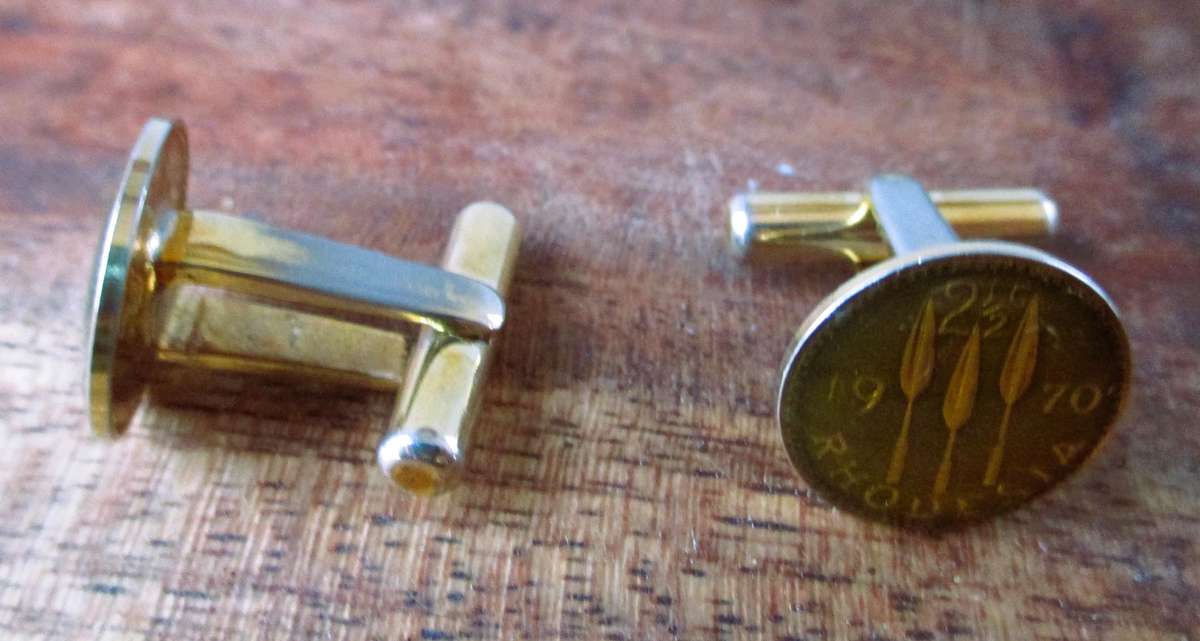 Vintage gold color enameled Rhodesia coin cufflinks