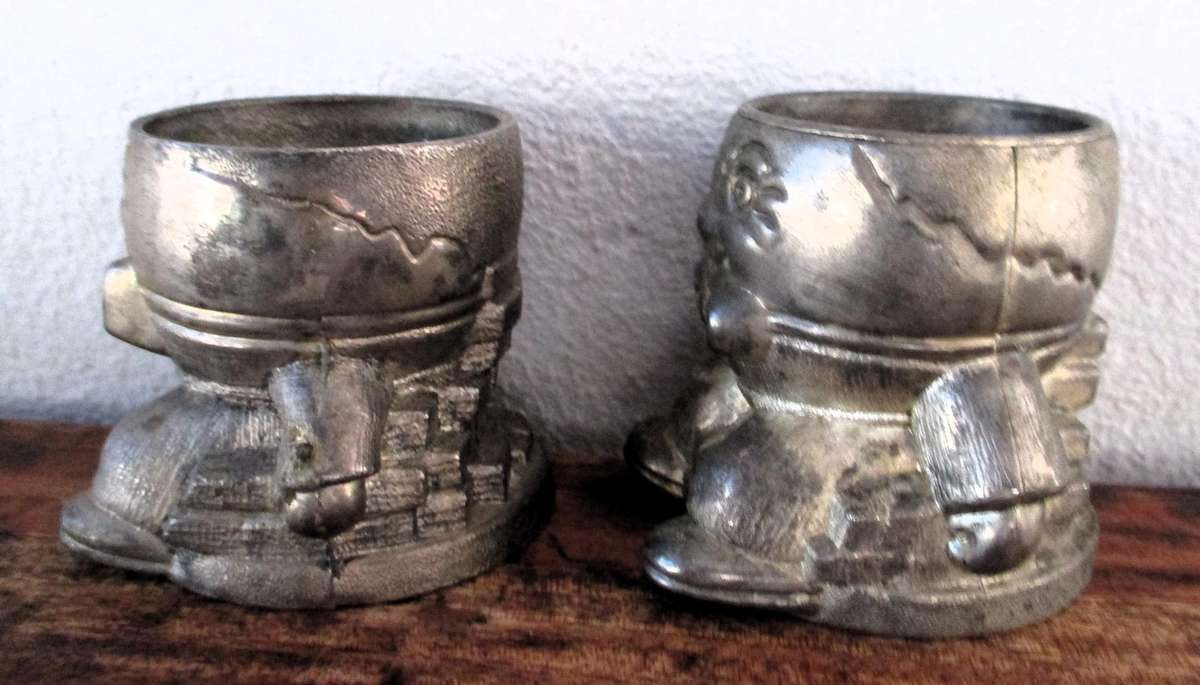 2x Vintage Humpty Dumpty Silver Plated/Pewter Egg Cup. Collectable. 60mm high.