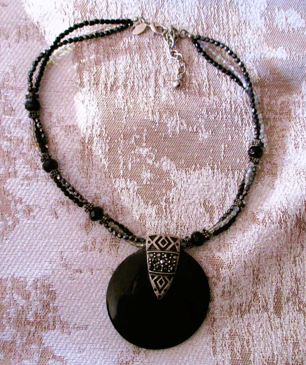 Vintage Chicos Black Aztec Triple Beaded Necklace. 44cm