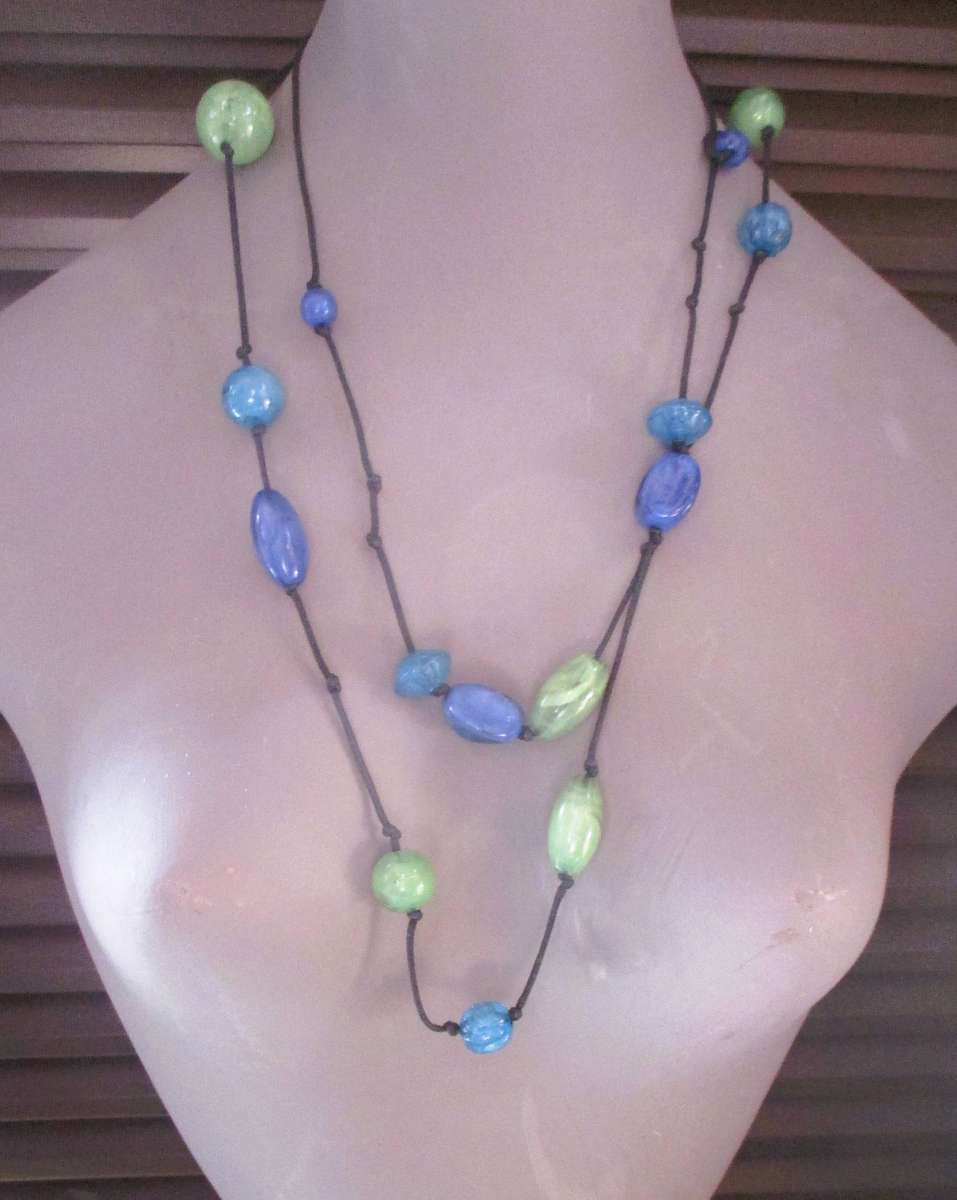 Vintage Long FUN Chunky Marble Green and blue Beads on sting.Differnt styling.