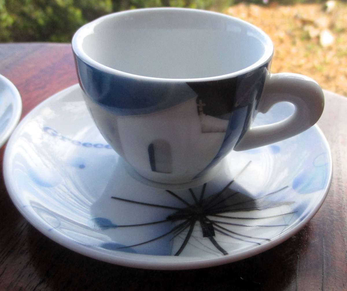 2 x Porcelain Coffee cup and saucer collection from Greece, marked Madlene.