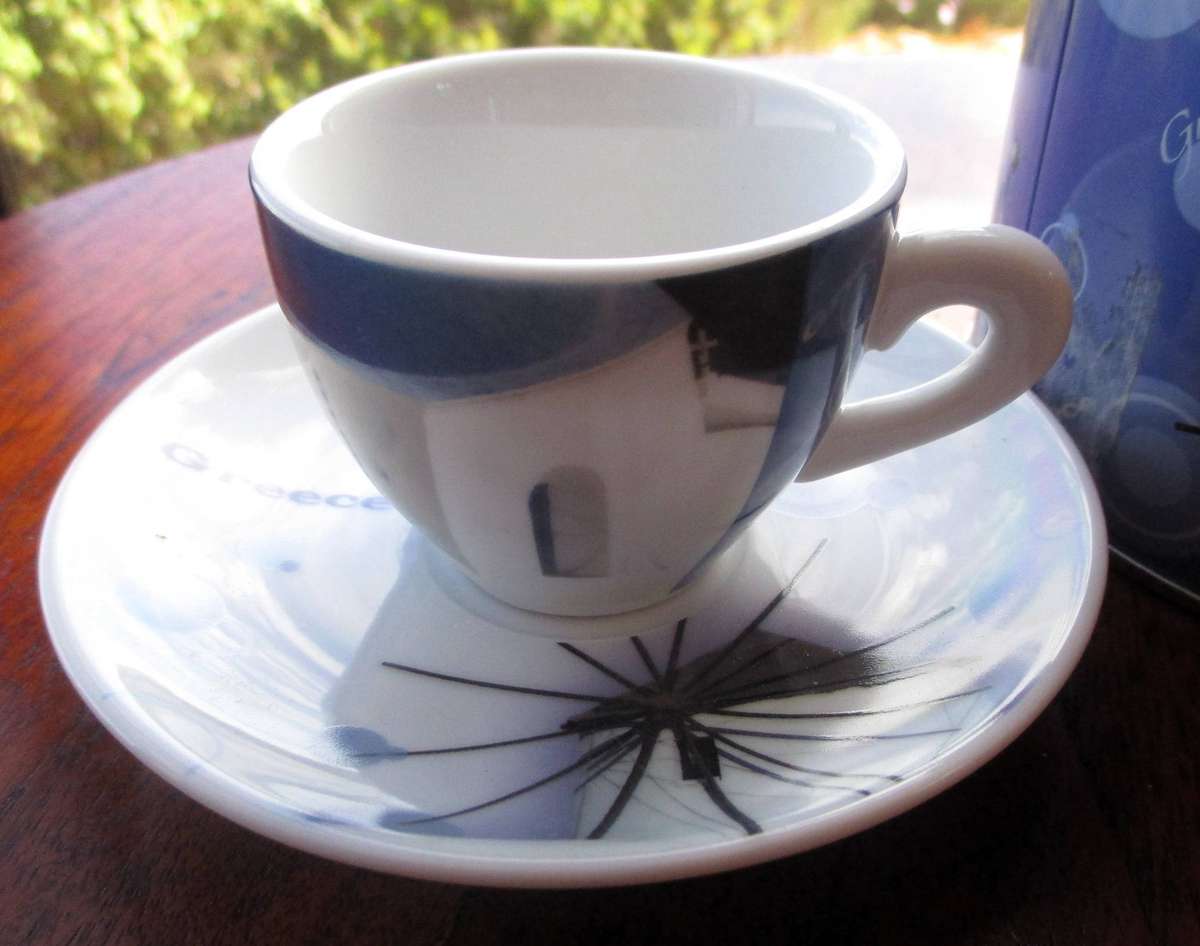 2 x Porcelain Coffee cup and saucer collection from Greece, marked Madlene.