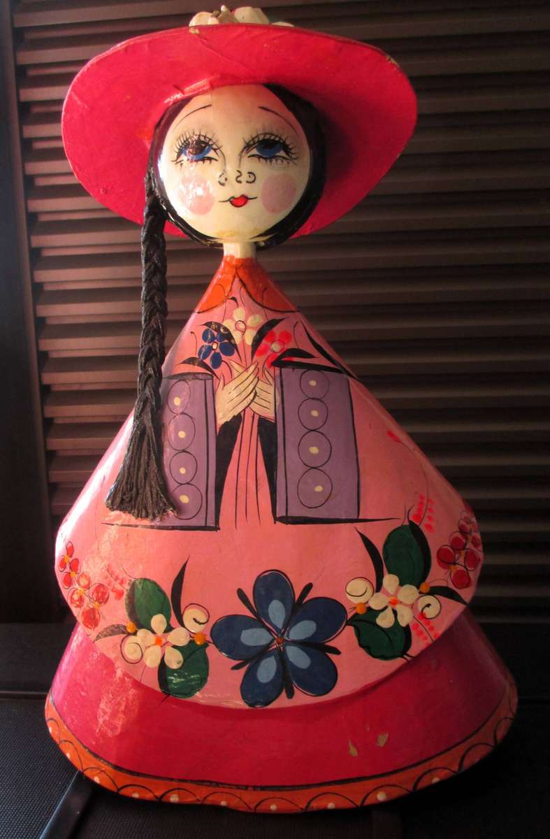 Vintage Mexican Folk Art Doll  Big Eyes Papier Mâché Figurine  Hand Painted 1960s1970s 33cm high.
