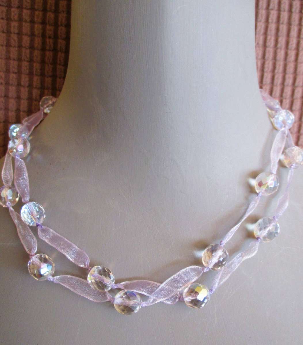 Vintage Sparkling Aurora Borealis inspired beads and lavender ribbon double string Necklace, 42cm