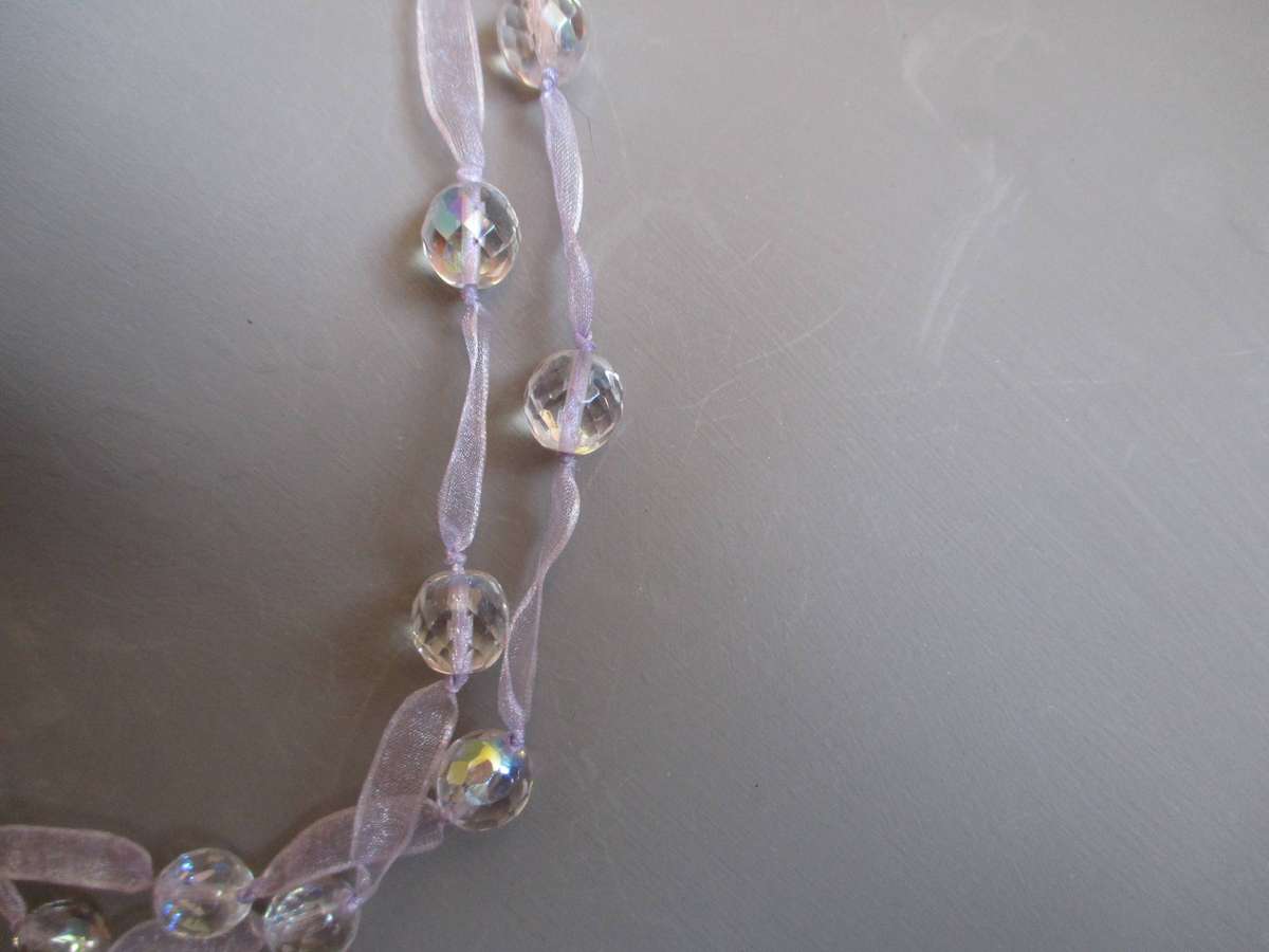 Vintage Sparkling Aurora Borealis inspired beads and lavender ribbon double string Necklace, 42cm