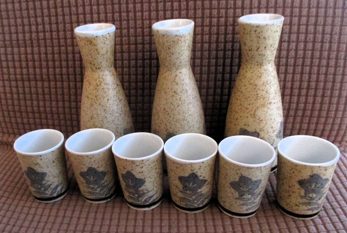 Set of three sake pitchers (tokkuri) and six small sake cups (ochoko).