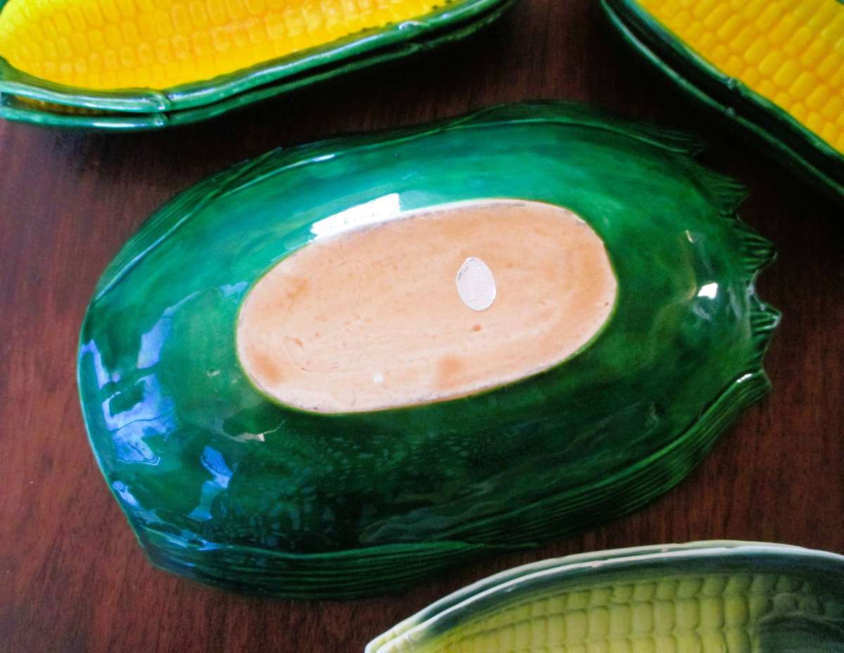 Vintage 7 PCs  Japan Glazed Ceramic Corn on the Cob - 1 Bowl, 6 Plates, 2 different.