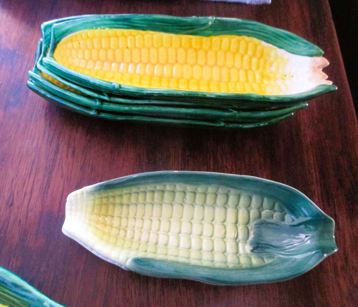 Vintage 7 PCs  Japan Glazed Ceramic Corn on the Cob - 1 Bowl, 6 Plates, 2 different.