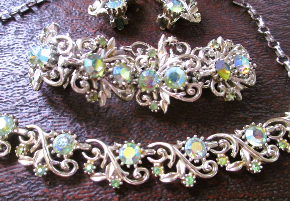Coro 1950s Aurora Borealis Rhinestone Necklace, Earrings, and Bracelet Signed