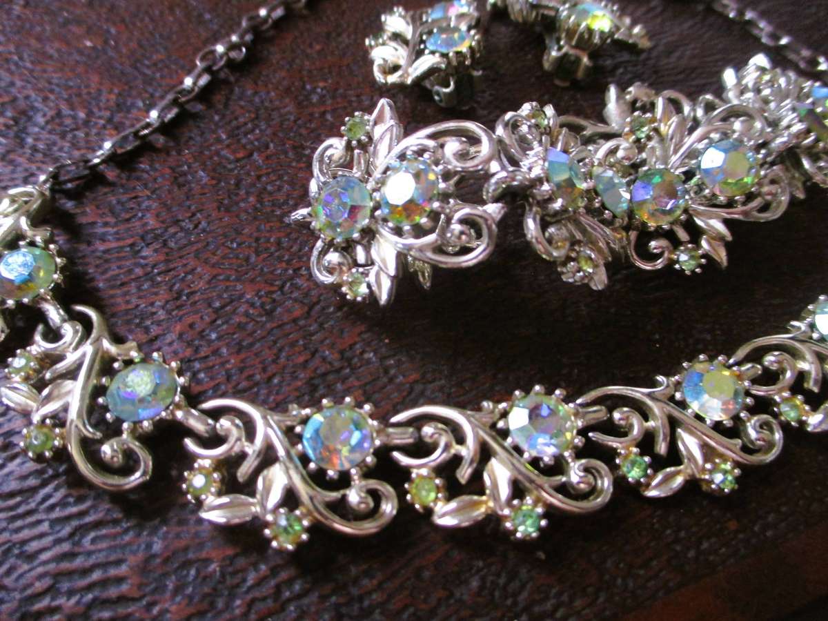 Coro 1950s Aurora Borealis Rhinestone Necklace, Earrings, and Bracelet Signed