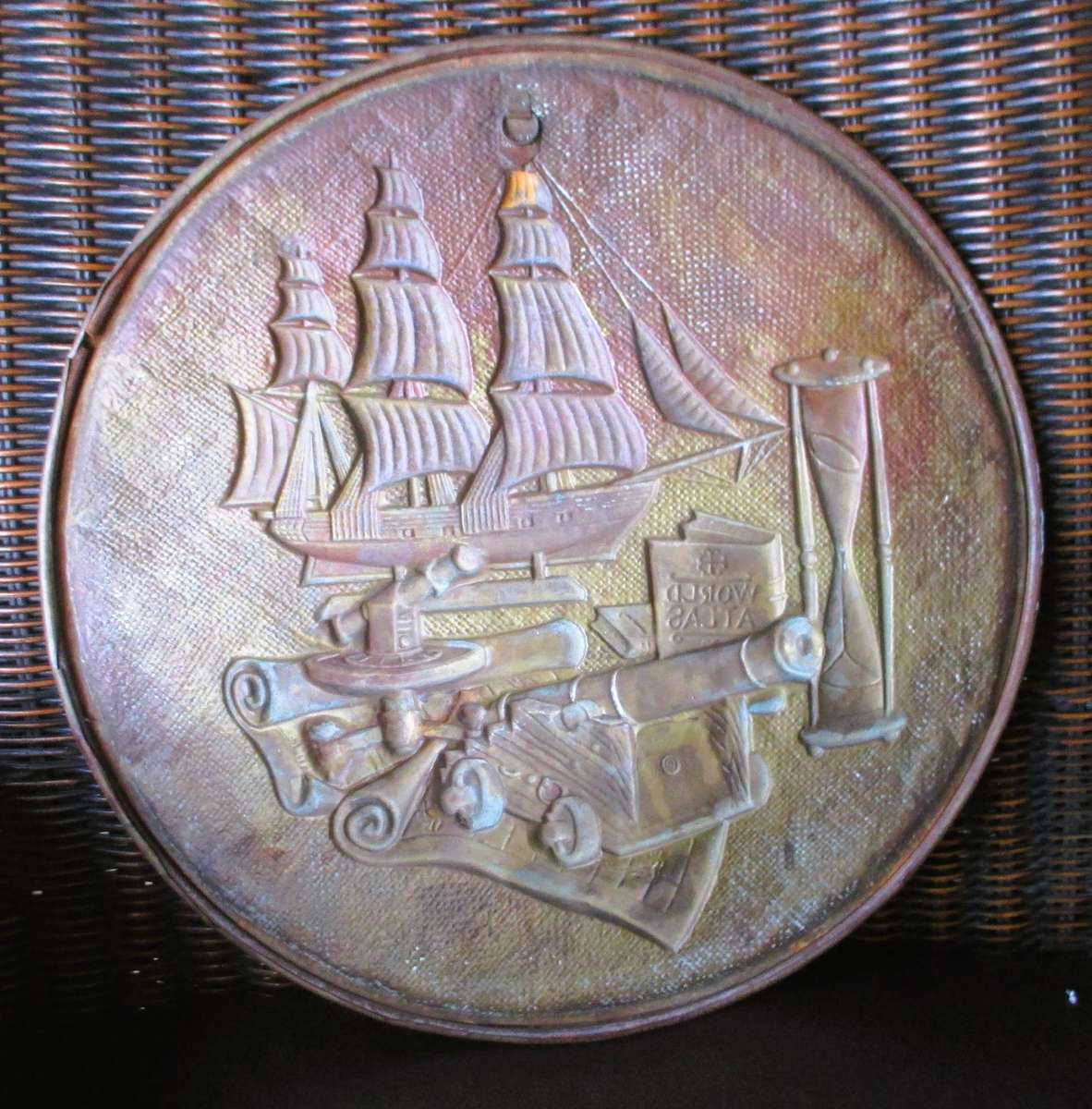 Vintage Spanish Galleon Brass Wall Plate, 36cm diameter.