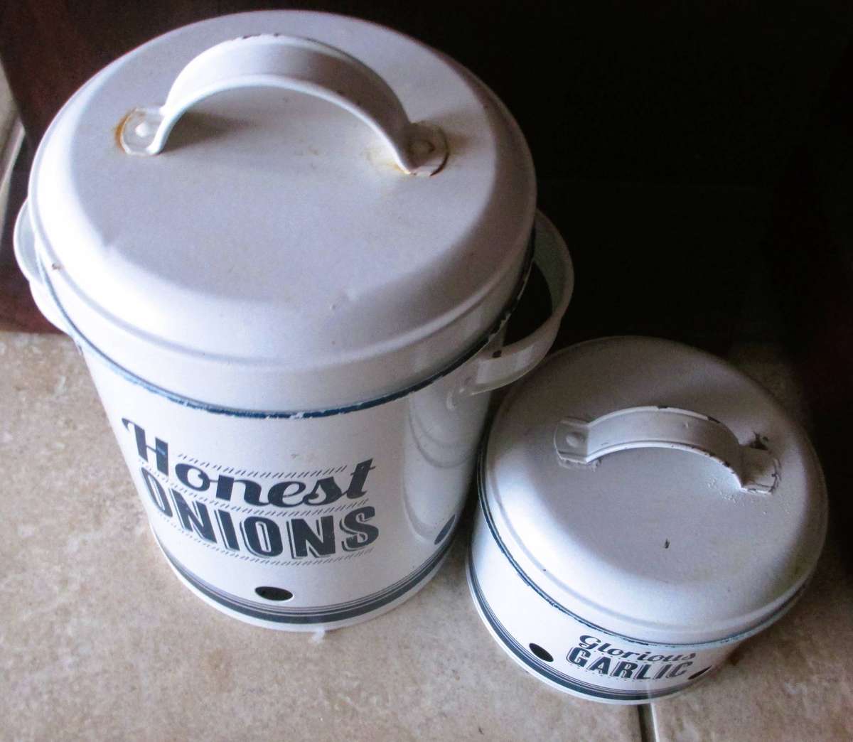 Jamie Oliver white enamel ventilated Onion and garlic Storage Tins, as per photo.