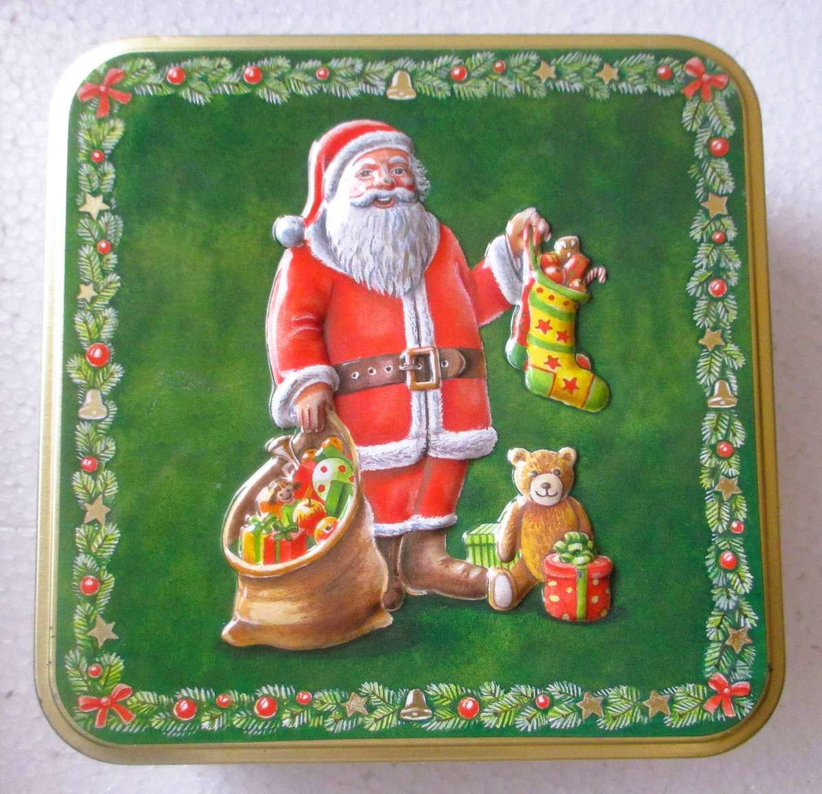 Christmas Themed square metal biscuit tin. 15x8cm.