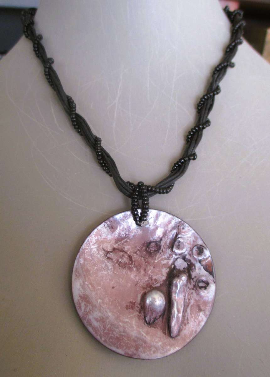 Vintage iridescent Shell pendant black and seed bead. 42cm