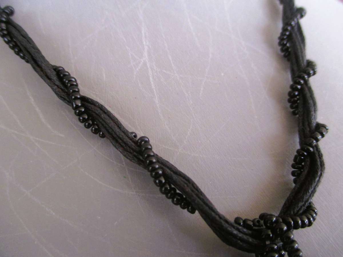 Vintage iridescent Shell pendant black and seed bead. 42cm
