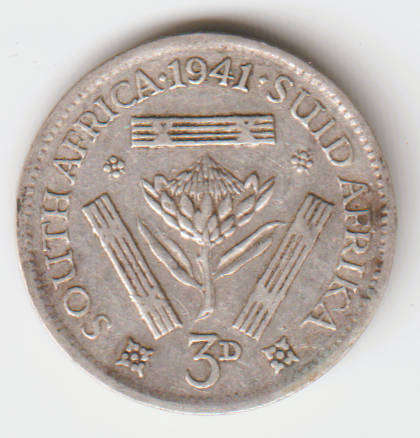 1941 Union of South Africa Silver Three pence Coin