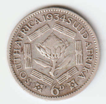 1934 South Africa Union Silver Six Pence