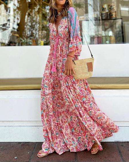 Dress - Boho Maxi  Pink and Blue Paisley Print Large