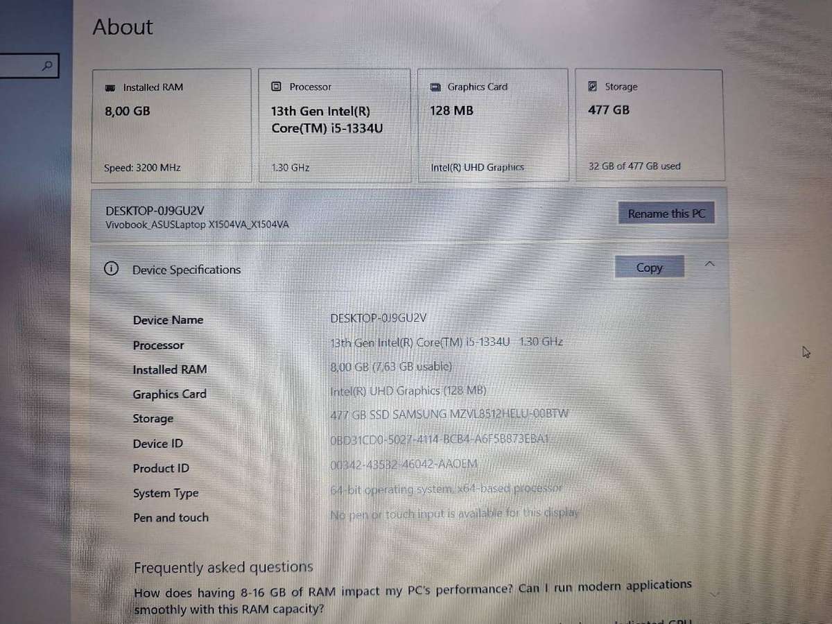 ASUS Vivobook 15 X1504VA Intel i5 13th Gen 8GB RAM 512GB