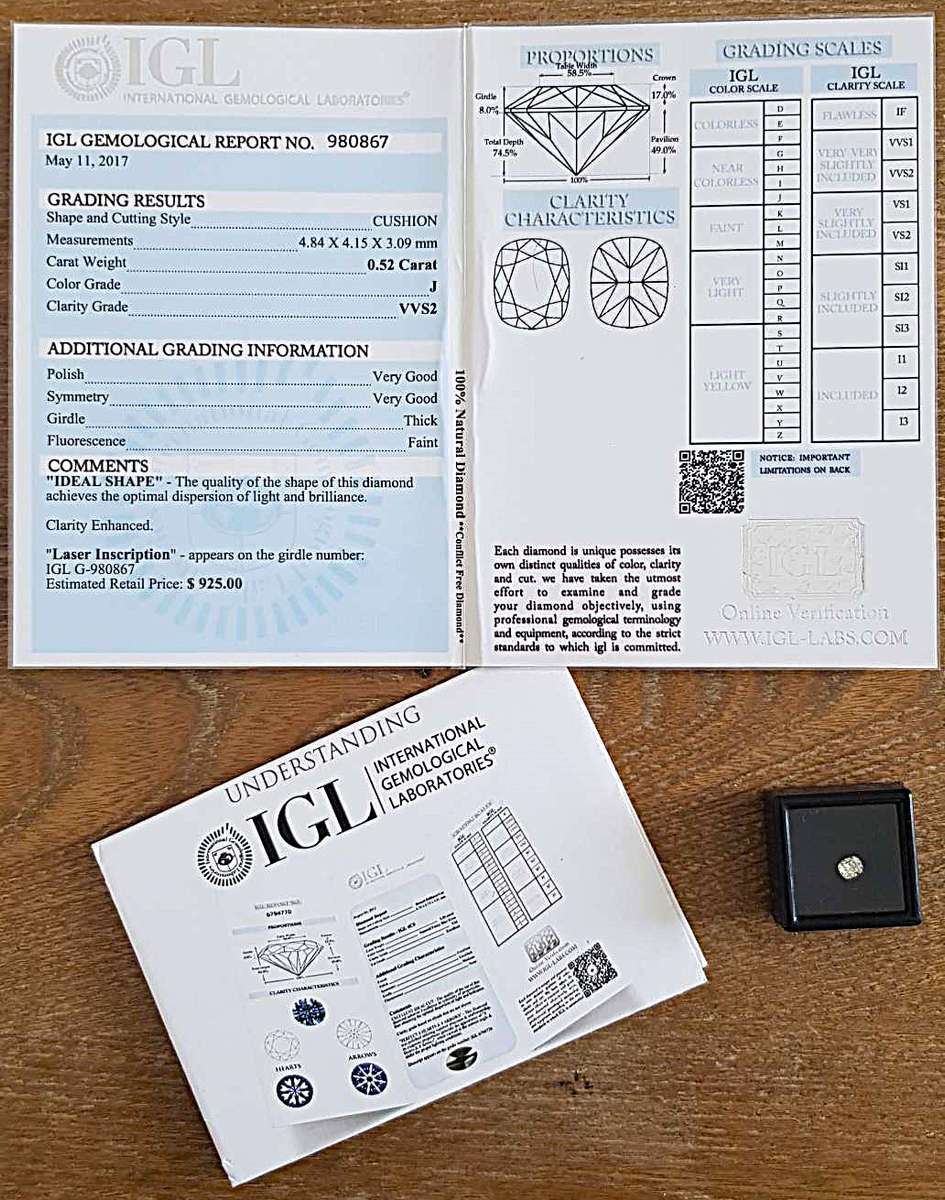 0.52Cts Diamond Cushion Cut**Certified**  J/VVS2 Natural Loose  Natural