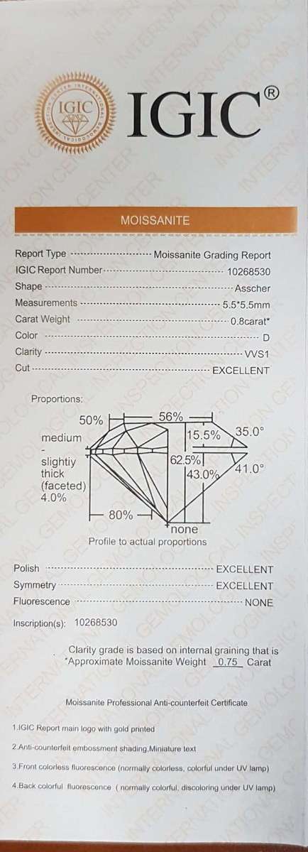 0.80CT  MOISSANITE ASSCHER CUT VVSI D BRILLIANT CUT** IGIC CERTIFICATE**