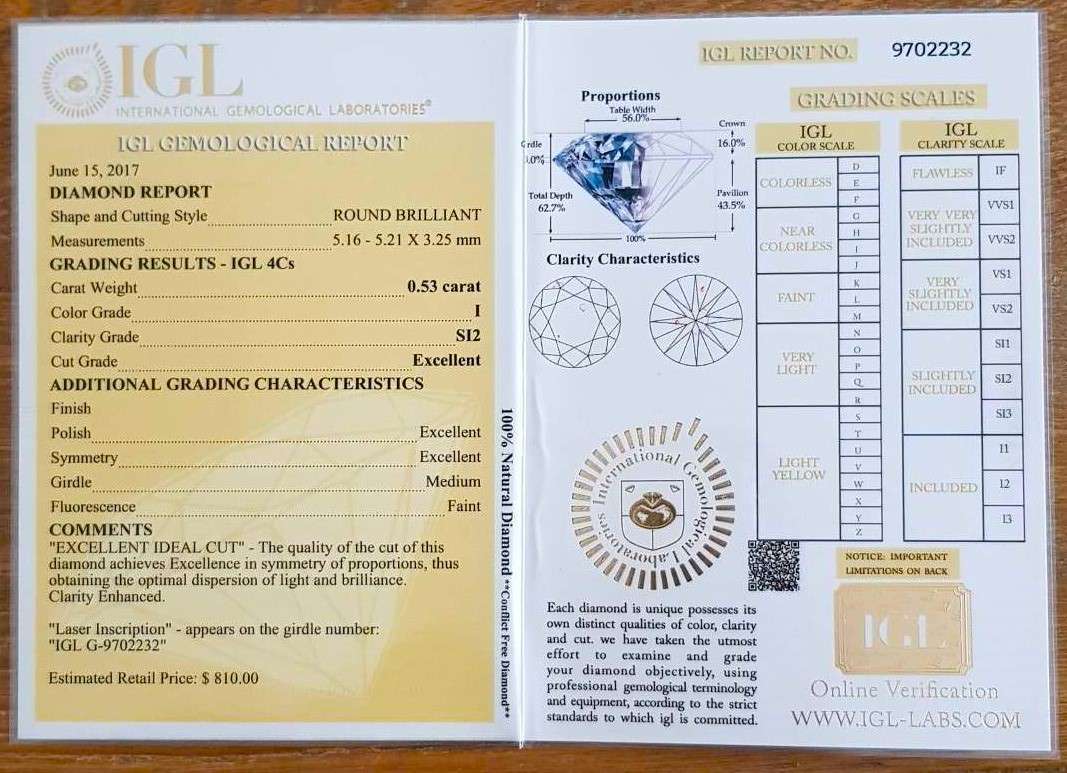 0.53Cts Diamond**Certified**  I/SI2 Natural Loose White Natural