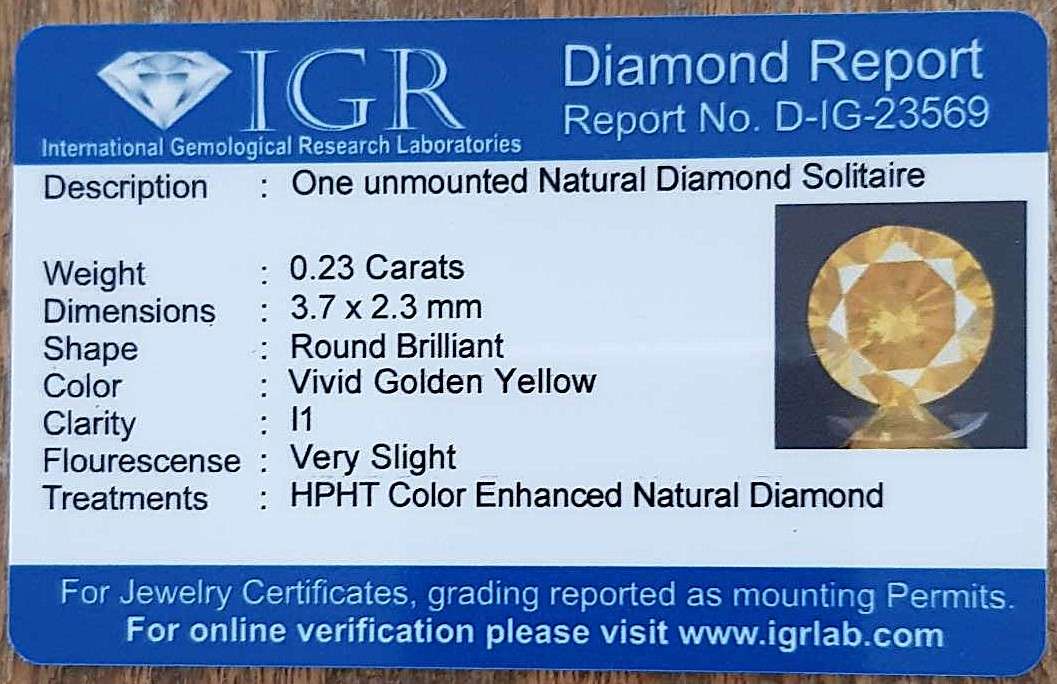 0.23cts  Diamond Round Cut  Vivid Gloden  Yellow Colour I1 Loose Natural Diamond CERTIFIED