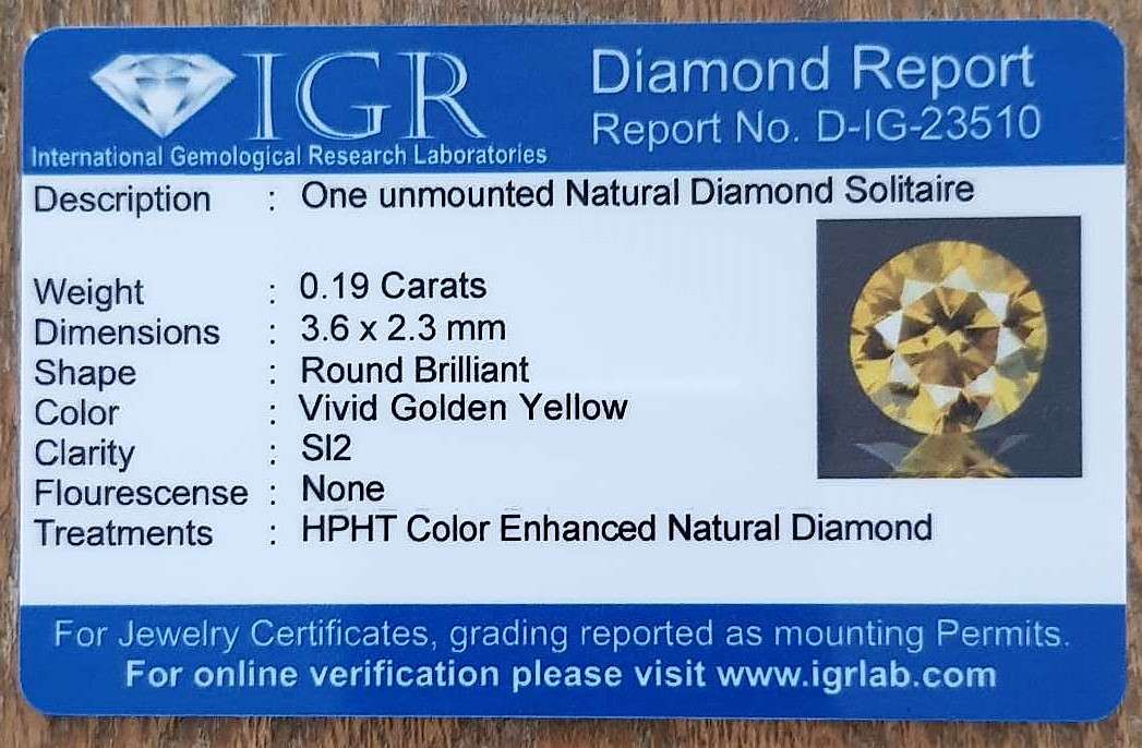 0.19cts  Diamond Round Cut  Vivid Gloden  Yellow Colour SI2 Loose Natural  CERTIFIED
