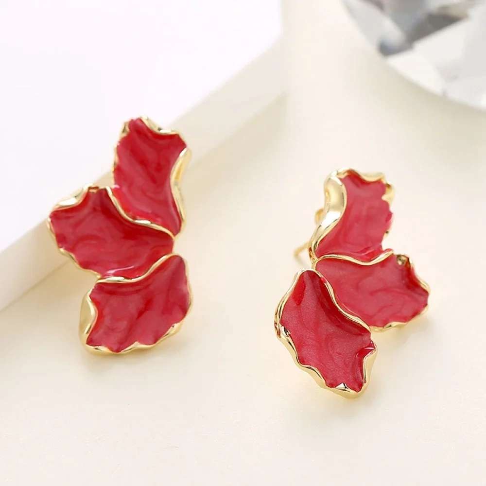 Rouge Maple Flower  Enamel Petal Stud Earrings for Women