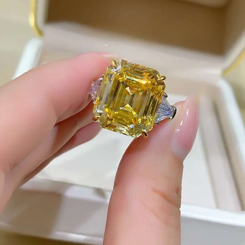 Yellow Trilogy Ring Emerald & Tapered baguettes cut 925 Sterling Silver Gemstone Ring