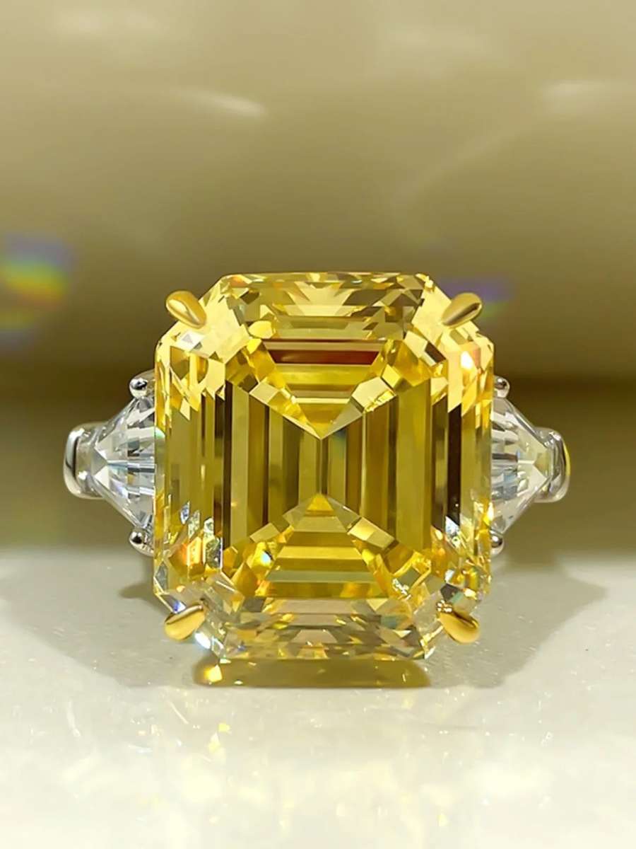 Yellow Trilogy Ring Emerald & Tapered baguettes cut 925 Sterling Silver Gemstone Ring