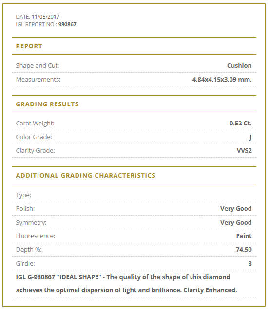 0.52Cts Diamond Cushion Cut**Certified**  J/VVS2 Natural Loose  Natural