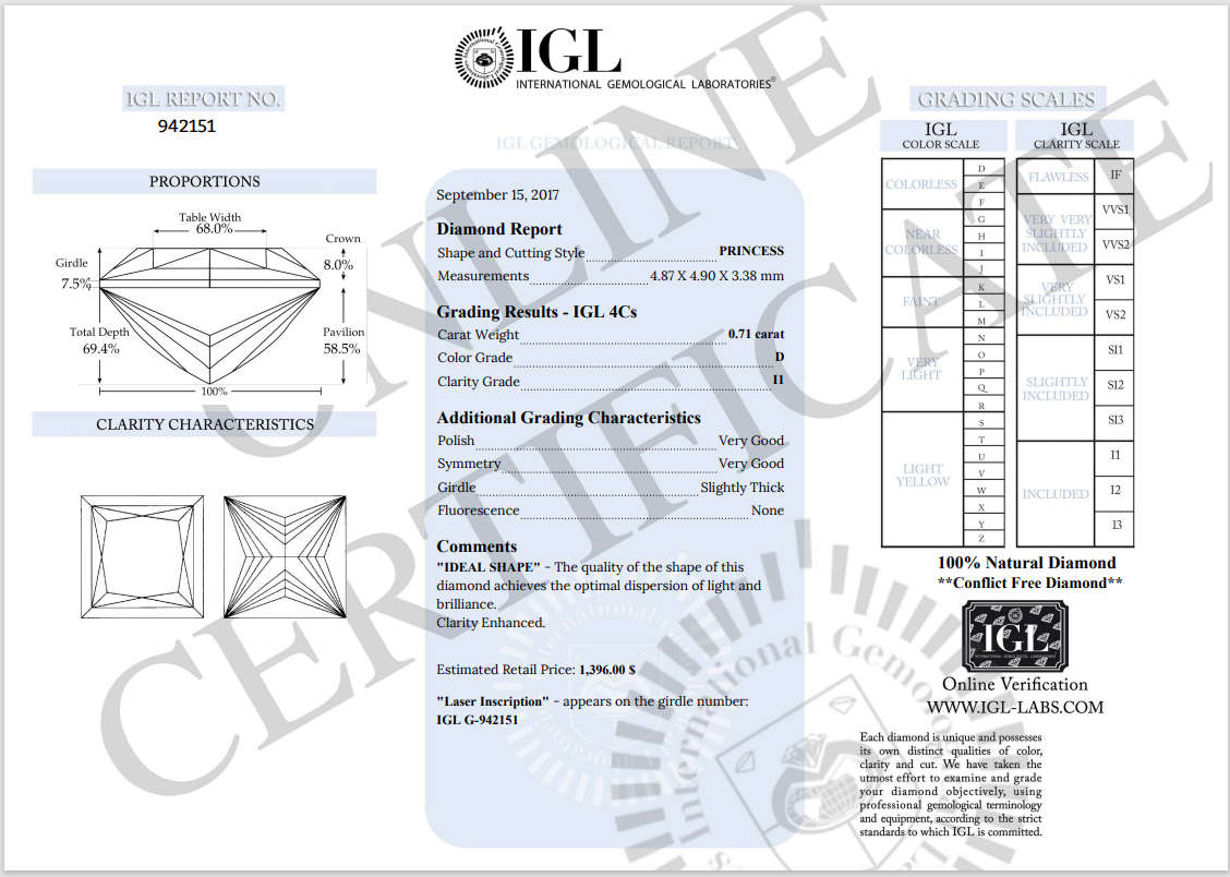0.71Cts  DIAMOND PRINCESS CUT**CERTIFIED** SI1 NATURAL