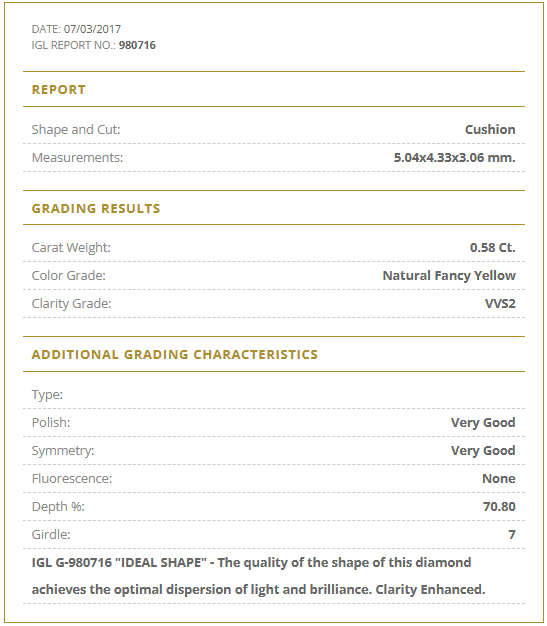 0.58cts Diamond Cushion Cut VVS2  Fancy Yellow**Certified**